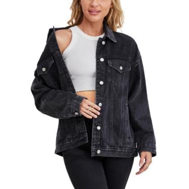 Imagem de Jaqueta Jean Muundim feminina preta de tamanho grande e leve