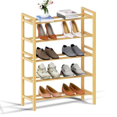 Imagem de Haddockway Sapateira de bambu para armário, organizador de sapatos de pé livre com hastes redondas lisas e alças convenientes, prateleira empilhável de armazenamento de sapatos para entrada, corredor