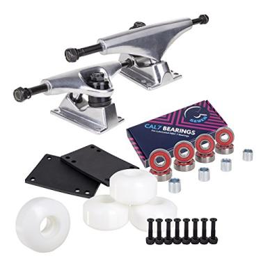 Imagem de Cal 7 Pacote de skate | Conjunto combo completo com caminhões de alumínio de 139 mm / 5,25 polegadas, rodas e rolamentos 99A de 52 mm (caminhão prata + rodas brancas)