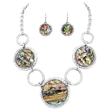 Imagem de Rosemarie & Jubalee Conjunto de brincos de anéis de metal martelado com pedra howlita semipreciosa redonda estilo Western Chic feminino, 45,7 cm + 7,6 cm extensor, Pedra, Howlite tingida