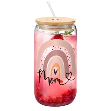 Imagem de Yipaidel Copo de vidro Mom Rainbow 473 ml, copo de café gelado com tampas de bambu e canudo, bebida em forma de lata de cerveja, presentes de aniversário inspiradores de Natal para mãe, melhor amiga,