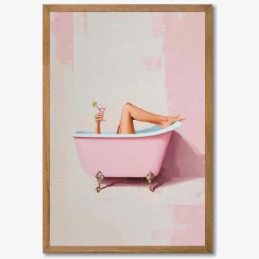 Imagem de Arte de parede de banheiro engraçada mulher bebendo vinho na banheira pôster moderno feminino pintura vintage champanhe decoração de parede bebidas alcoólicas impressão pintura para banheiro banheiro
