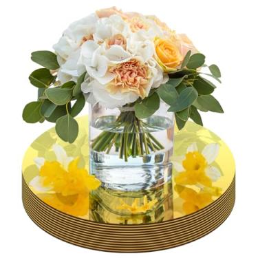 Imagem de Placas centrais espelhadas redondas, vidro acrílico, pacote com 12, bandeja decorativa circular para mesa de casamento, festa, decoração de Natal (ouro - 25,4 cm)