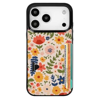 Imagem de uCOLOR Capa para iPhone 17 Pro com porta-cartões - Capa carteira de couro fina com suporte para cartão de crédito Moneymate 2,5 m Capa protetora com compartimento para cartão oculto (flores silvestres