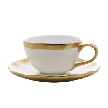 Imagem de Xícara Café 90ml Com Pires Dubai Branco E Dourado Porcelana - Wolff