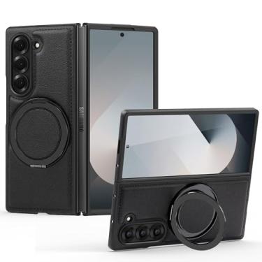 Imagem de Capa de couro magnética para Samsung Galaxy Z Fold 6, [compatível com MagSafe] Capa protetora fina de 360° com suporte ajustável à prova de choque (preto)