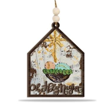 Imagem de Ornamento de presépio "Oh Holy Night" – Decoração de árvore de Natal de madeira com o bebê Jesus na manjedoura e estrela de Belém – Enfeite de Natal cristão rústico e presente de fé