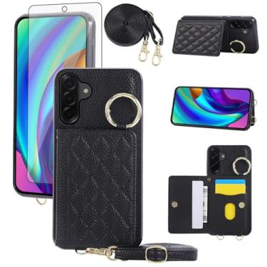 Imagem de Asuwish Capa para celular Samsung Galaxy A56 5G e protetor de tela de vidro temperado alça de ombro transversal alça de ombro anel fivela suporte suporte cartão celular para A 56 56A LTE mulheres