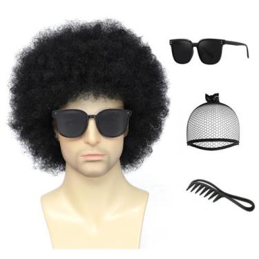 Imagem de Peruca Airhostess Black Afro para homens com óculos e roupas dos anos 