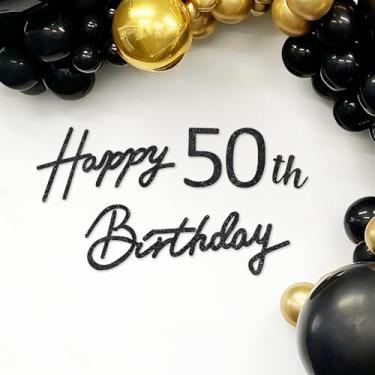 Imagem de TONIFUL Placa de feliz aniversário - faixa de feltro preto com glitter - inclui cola de bolinhas - perfeita para pano de fundo de festa de 50 anos, decoração de parede de 50 anos