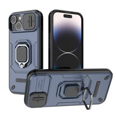Imagem de SORAKA Capa para iPhone 15 Plus com suporte de anel e capa de câmera deslizante para iPhone 15 Plus com placa de metal para suporte magnético de carro, capa protetora de camada dupla em policarbonato