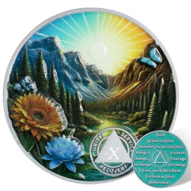 Imagem de Leafence Moeda AA Sobriedade Serenidade Oração Recuperação Chip Montanha e Natureza Design Medalhão AA Inspirador Sobriedade Token para Marcos de Recuperação (Crepúsculo Montanha Nascer do Sol, 10