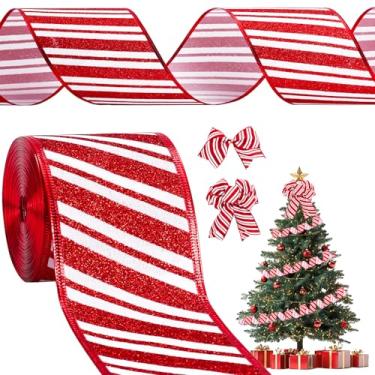 Imagem de Whaline Fita de Natal com fio de hortelã-pimenta doce listra de tecido com glitter fita de artesanato para árvore de Natal, guirlanda de laço, embrulho de presente, festa de férias, decoração de casa