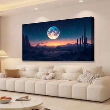 Imagem de JLXART Lua deserto noite parede ocidental decoração boho cacto impressões em tela pinturas da natureza montanha moderna pôster imagens para sala de estar 50 x 101 cm