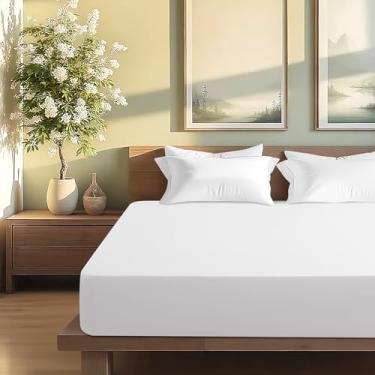 Imagem de Acnalboma Lençol King de algodão egípcio de 1000 fios, ultra-macio, de luxo, tecido acetinado respirável e confortável, cabe até 46 cm, branco, 198 x 203 cm