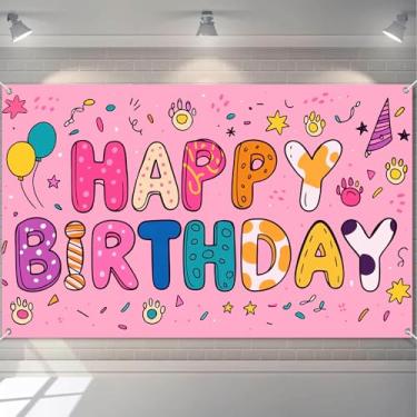 Imagem de HOMETITUTE Banner de desenho animado, gato, cachorrinho, animal, estampa de pata, feliz aniversário, balões e chapéu de festa, faixa de aniversário, fundo interno e externo, 189 x 109 cm