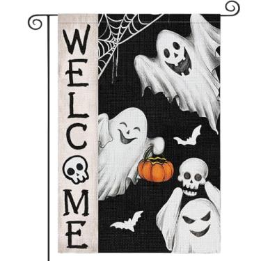 Imagem de Bandeira de jardim de Halloween, bandeiras de jardim fantasma bem-vindo, abóbora Jack O lanterna esqueleto morcego aranha bandeira quintal 30,5 x 45,7 cm dupla face para pátio externo varanda