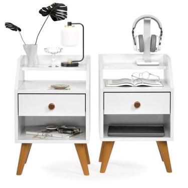 Imagem de KIT 2 Mesas De Cabeceiras 1 Gaveta Nicho Prateleiras Mini Cômoda Criad