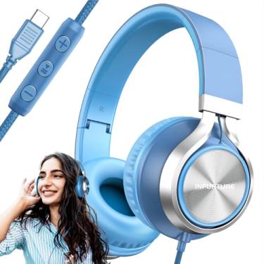 Imagem de INFURTURE Fones de ouvido USB C com fio com microfone e controle de volume, sem emaranhamento, fones de ouvido sobre/intra-auriculares, leves e dobráveis para Shool, Tablet, Samsung, iPhone 16/15