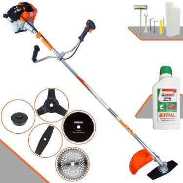 Imagem de Roçadeira Aparador de Grama Lateral Vulcan VR430-S À Gasolina 2T 43cc 1,7HP Robusta Com Carretel de Nylon + Kit 4 Lâminas de Corte + ÓLEO STIHL 2T