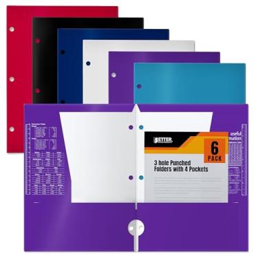 Imagem de Better Office Products 4 pastas de papel laminado brilhante de bolso (pacote com 6), portfólios de perfuração de 3 furos, cores sortidas, (cores primárias)