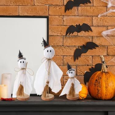 Imagem de Chunful Conjunto de 3 conjuntos de decoração de casa de Halloween primitivo fantasma de Halloween em suporte de madeira com chapéu de bruxa vassoura fantasma assustador decoração de outono para mesa