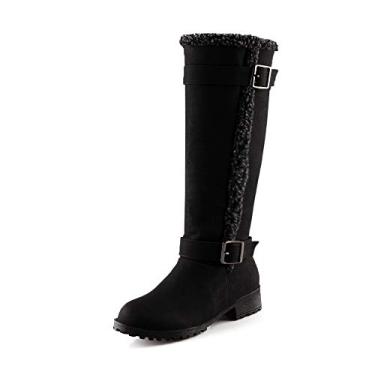Imagem de Bigfanshu Botas femininas de cano curto fivela de cinto de salto baixo neve tamanho grande, Preto, 38 M EU