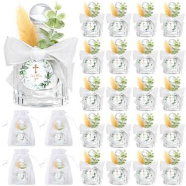 Imagem de Conjunto de 24 garrafas de água benta, lembrancinhas católicas de batismo de vidro a granel para convidados recipiente de água cristã com sacos de organza floral laço para presentes de comunhão igreja