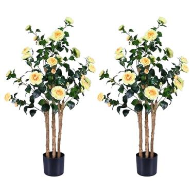 Imagem de Camélia de árvores artificiais realistas com troncos de madeira natural, rosa sintética de seda perene com flores de seda, decoração de casa interna para sala de estar, varanda, escritório (2, amarelo