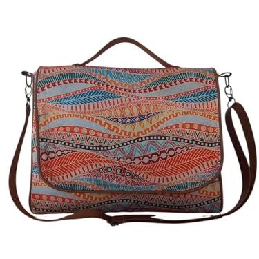 Imagem de Bolsa Feminina Transversal em Sarja e Couro, Estampada Étnica, Carteiro com Alça Ajustável,