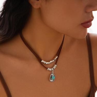 Imagem de Colar gargantilha ocidental em camadas turquesa com pingente de vaca e rodeio para mulheres, conjunto de colares com contas de camada dupla, joias vintage, adjustable, Metal, Sem Pedra Preciosa