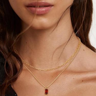 Imagem de Colar de pedra do mês de nascimento banhado a ouro 14K para mulheres, colar de ouro em camadas, colar delicado com pingente de zircônia cúbica rubi esmeralda, colares de diamante, pedra do mês de