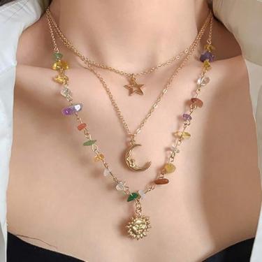 Imagem de Colar feminino com contas de folha verde - Colar em camadas com pingente de folha de borboleta/sol e lua, hipoalergênico que não mancha, presente de aniversário de Natal personalizado, joias modernas