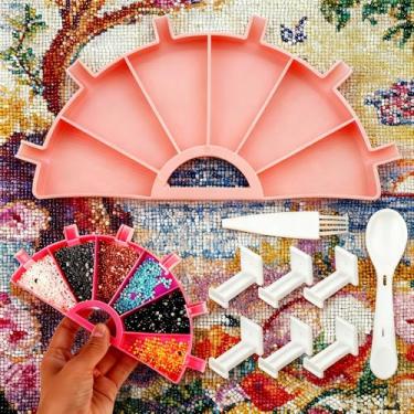 Imagem de 1 conjunto de 6 bandejas de pintura de diamante de grande capacidade organizador de placa de perfuração rotativa para arte de unhas com miçangas ponto cruz armazenamento portátil, rosa