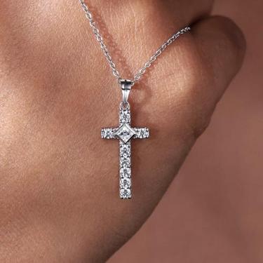 Imagem de Colar com pingente de design em forma de cruz para mulheres, banhado a prata, zircônia cúbica, minimalista, ajustável, moderno, joia delicada, presente