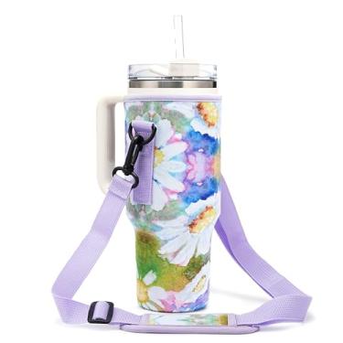 Imagem de Bolsa de transporte para garrafa de água com alça ajustável no bolso do telefone para Stanley 30 1,134 g, capa transversal isolada de neoprene para caminhadas, acampamento, caminhadas, viagens