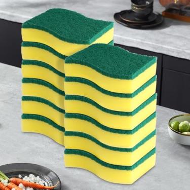 Imagem de Pacote com 12 esponjas de limpeza resistentes, almofadas de limpeza de dupla face para pratos, panelas, frigideiras - resistente ao odor e pode ser lavada na lava-louças