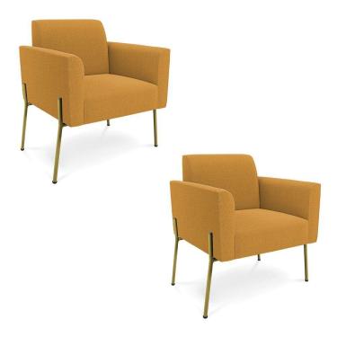 Imagem de Poltrona Sala Estar Pé Ferro Dourado Kit 2 Marisa Bouclê Mostarda D03 - D'rossi