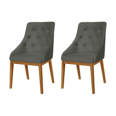 Imagem de Kit 2 Cadeiras De Jantar Luxo Estofada Elisa Anatômica Capitonê Linho Chumbo Base Madeira Maciça Mel