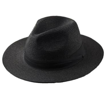 Imagem de Chapéu de palha masculino dobrável cabeça grande chapéu panamá verão chapéu de cowboy areia praia sol Fedora chapéus preto 52 cm-54,5 cm