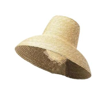 Imagem de Chapéu de sol feminino de verão de aba larga com proteção UV palha de viagem Ha chapéu de sol alto em forma de lâmpada palha M 56-58 cm