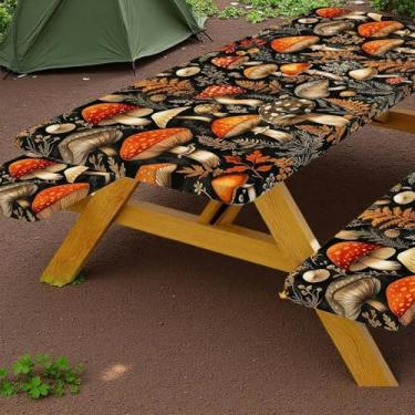 Imagem de Lacoiime Capa de mesa de piquenique com bordas elásticas, capa de mesa vintage de cogumelo preto, itens essenciais para acampamento ao ar livre, 3 peças, toalha de mesa de acampamento à prova d'água