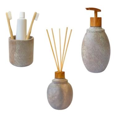 Imagem de Kit Lavabo Saboneteira Difusor Pedra Sabão Redondo Artesanal