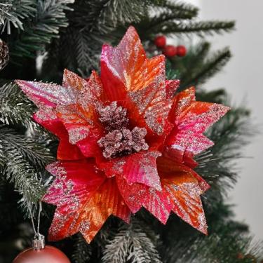 Imagem de GreenHouzz 10 palhetas de flores de poinsétia de 25,8 cm, flores artificiais de Natal com hastes, árvore de Natal, ornamentos festivos, guirlanda de festa de casamento, decoração de ano novo para casa