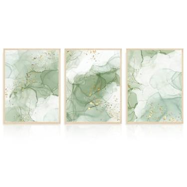 Imagem de Dazzlewall 3 peças de arte de parede verde abstrata, tinta verde sálvia dourada impressão de arte para casa decoração de parede para sala de estar quarto banheiro, 30 x 40 cm sem moldura