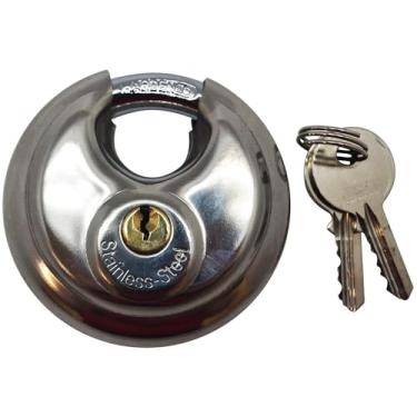 Imagem de Cadeado de disco de aço inoxidável, cadeado redondo endurecido de 6 cm com 2 chaves, trava de segurança resistente para armazenamento, portões