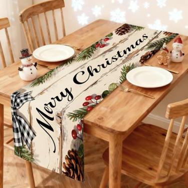 Imagem de Caminho de mesa de Natal 33 x 91 cm - Decoração de mesa de jantar de cozinha de inverno impressa Feliz Natal com laço xadrez, ramos de pinheiro, bagas de azevinho e pinhas corredor para decoração de