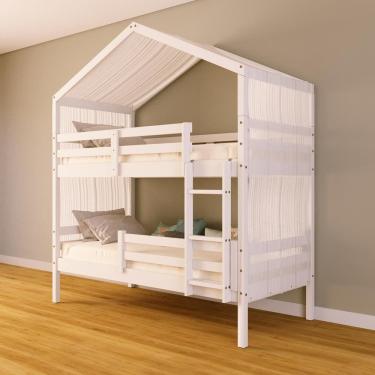 Imagem de Beliche Solteiro Casinha com Cortina Grade de Proteção Madeira Maciça Branco Megamobilia