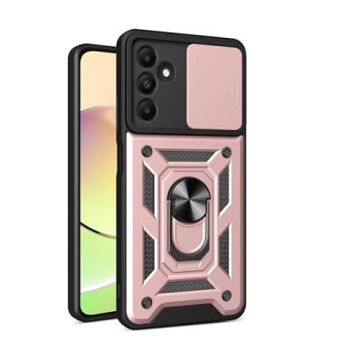 Imagem de RKINC Capa para Samsung Galaxy A15 5G com capa deslizante para câmera e anel giratório com suporte de grau militar à prova de choque com suporte magnético para carro, ouro rosa