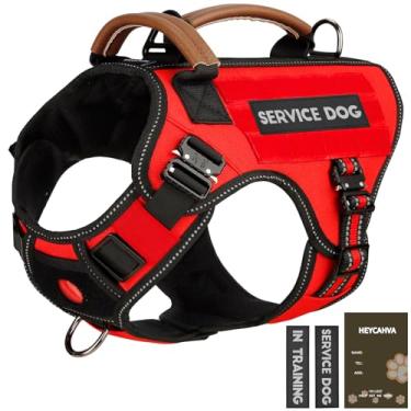 Imagem de Colete para cães de serviço – Peitoral tático HEYCAHVA com fivelas de metal para cães grandes e médios, refletivo, sem puxão, com alça de couro, gancho e laço para treinamento de caminhada (vermelho